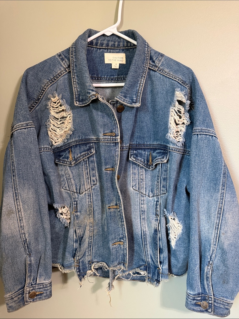 Caution To The Wind Light Blue Distressed Denim Jacket